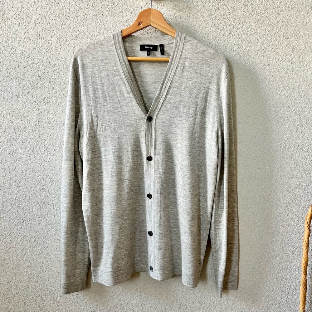 Theory Mixed Ribbed Cardigan Size Medium Silk Cashmere Gray Foam Heather Sweater